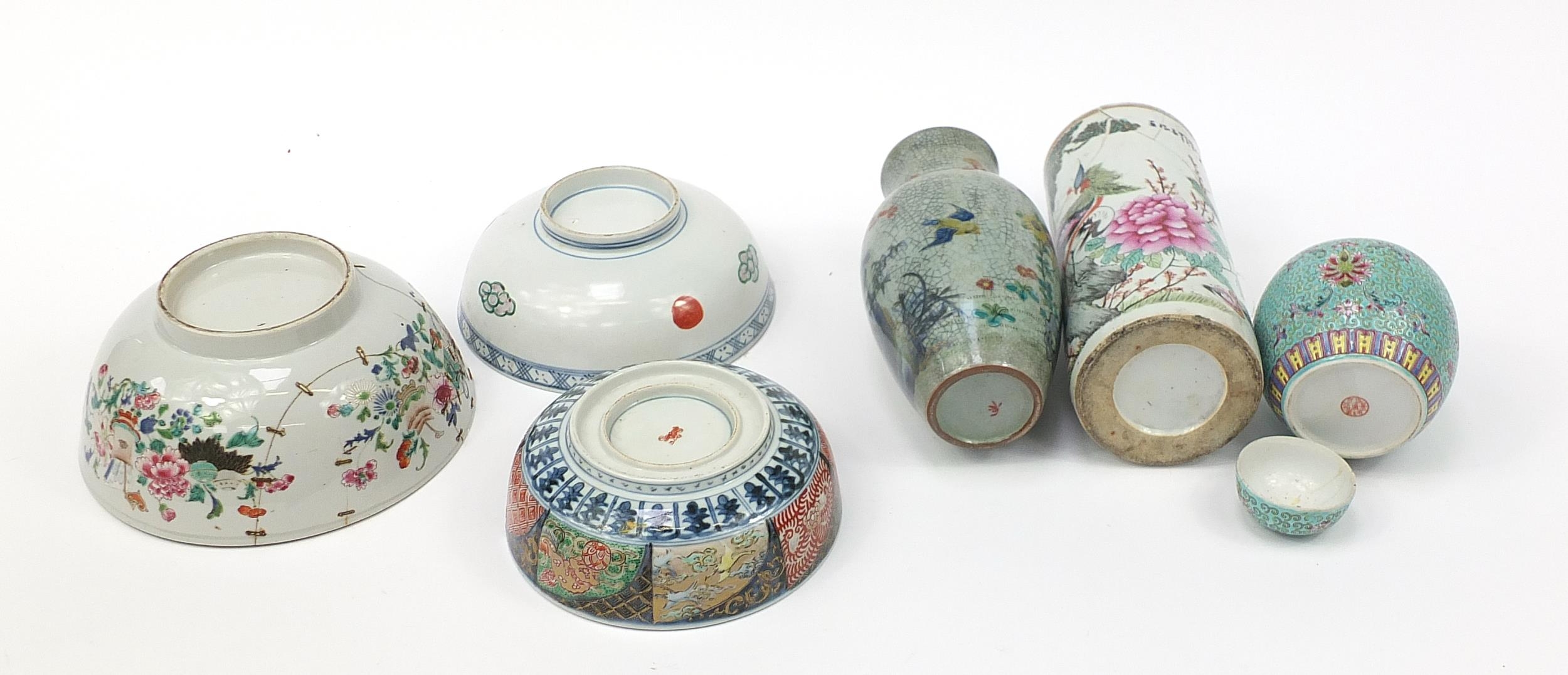 Chinese and Japanese porcelain including a cylindrical vase hand painted with a phoenix, Imari - Image 9 of 11