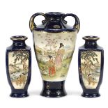 Three Japanese Satsuma pottery vases hand painted with Geisha girls in a landscape by water, marks