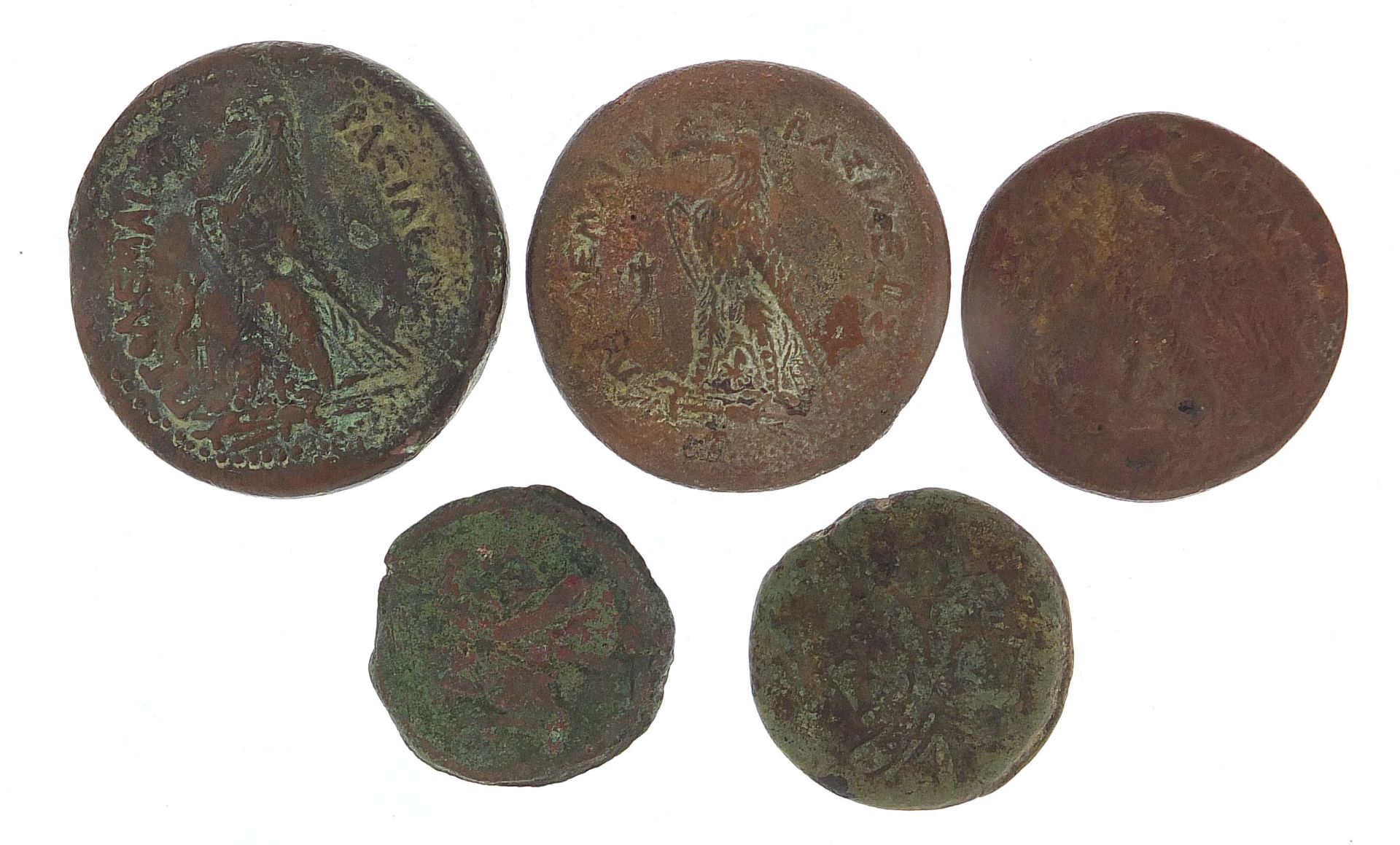 Five Greek/Egyptian coins, 216.4g, the largest 41mm in diameter