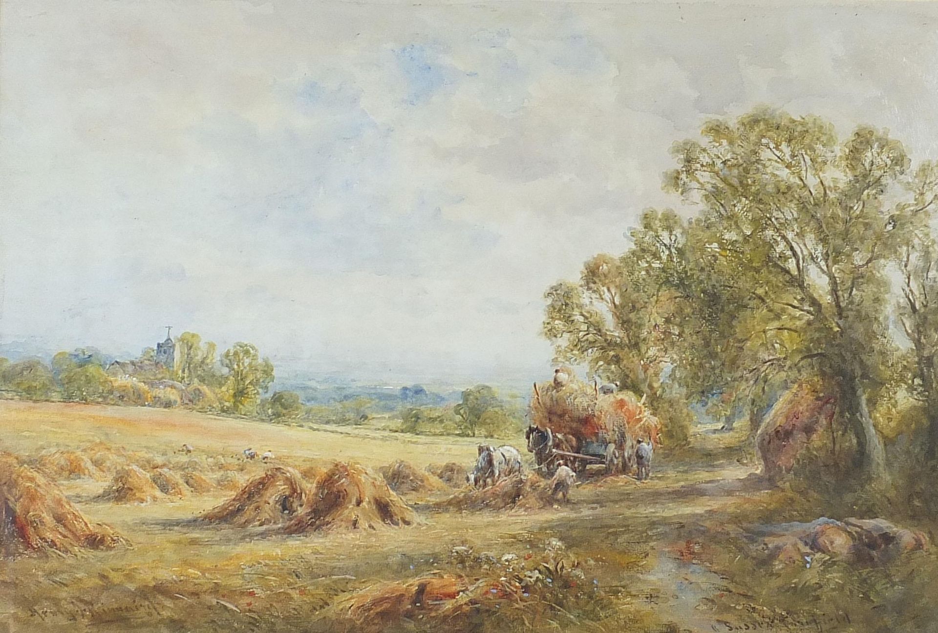 Henry John Kinnaird - Figures haymaking, Sussex cornfield, watercolour, E Stacy-Marks label verso,
