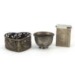 Chinese silver objects comprising pierced love heart box decorated with dragons, salt engraved