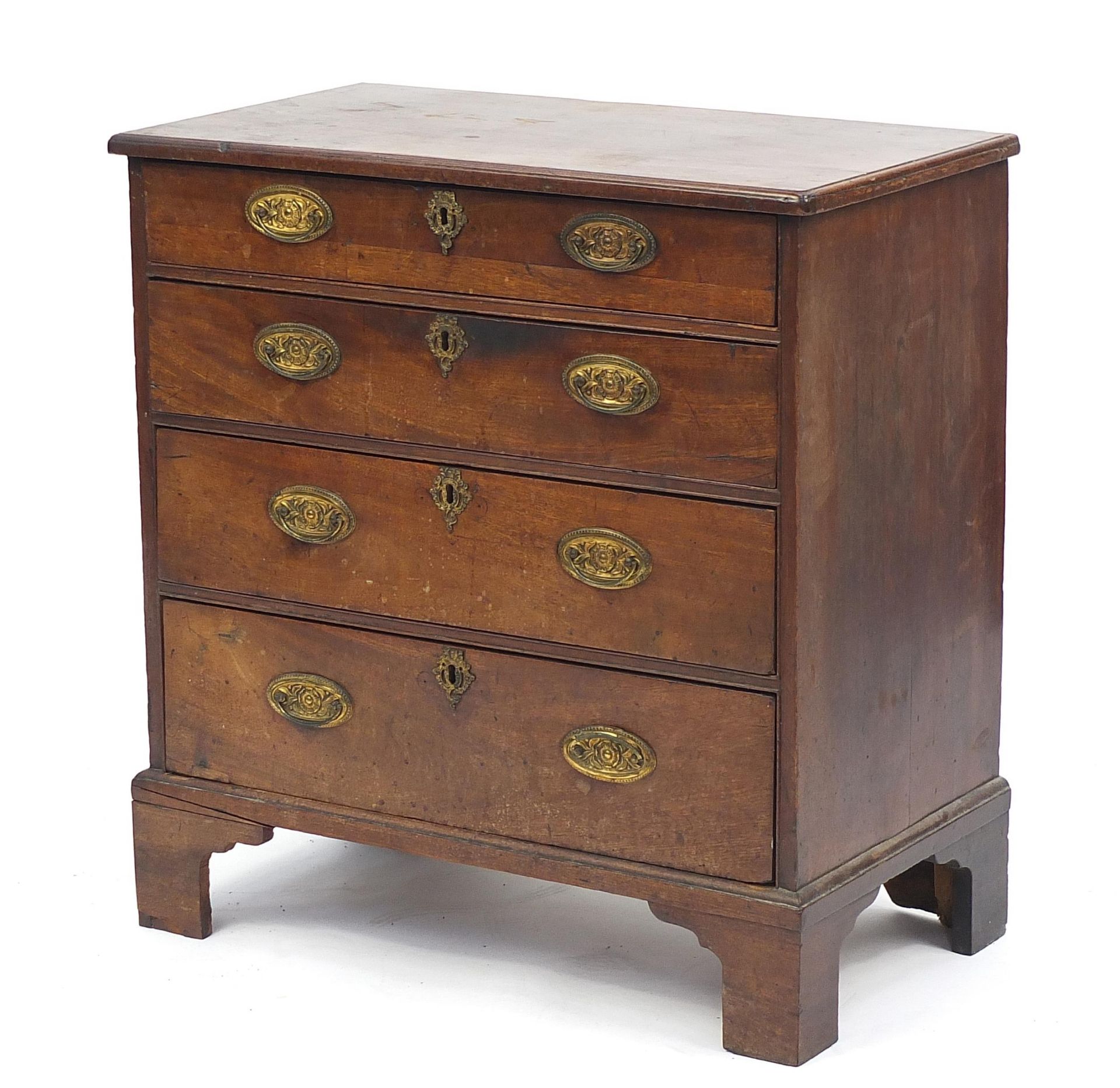 Georgian four drawer chest with brass handles and bracket feet, 78cm H x 74cm W x 42cm D