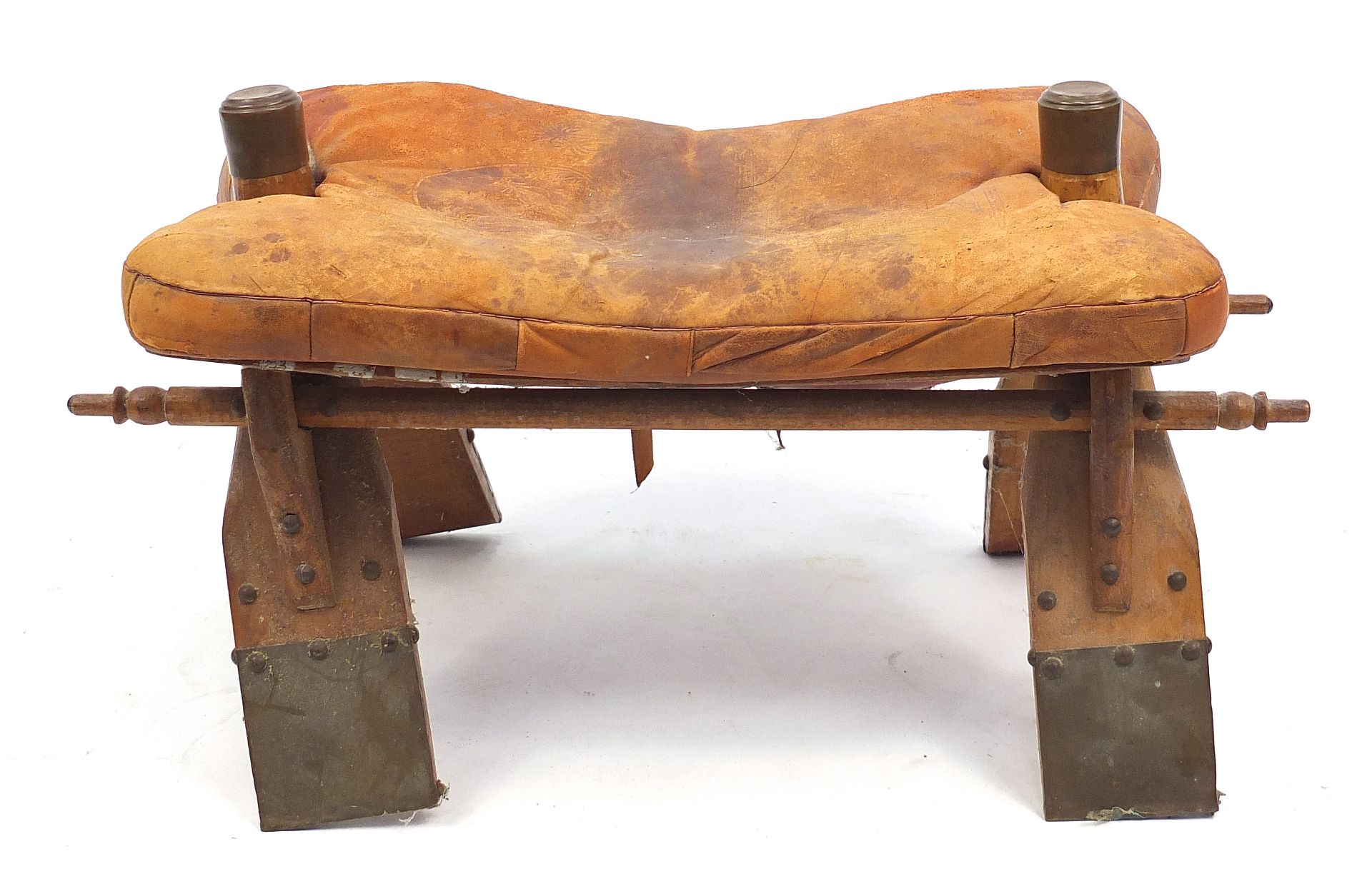 Wooden camel stool with leather cushion, 65cm wide - Image 2 of 5