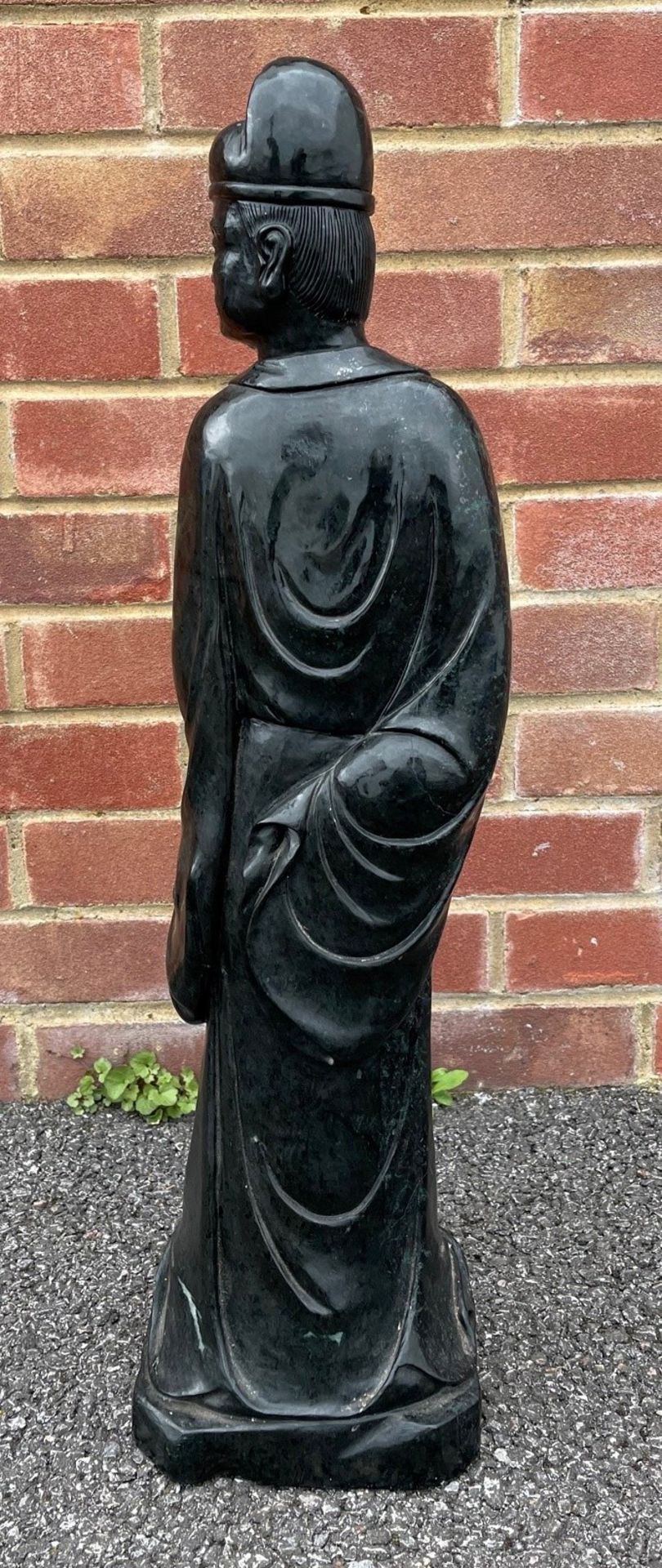 Large Chinese carved green/black stone figure of a standing figure holding a scroll, 69cm high - Image 5 of 7