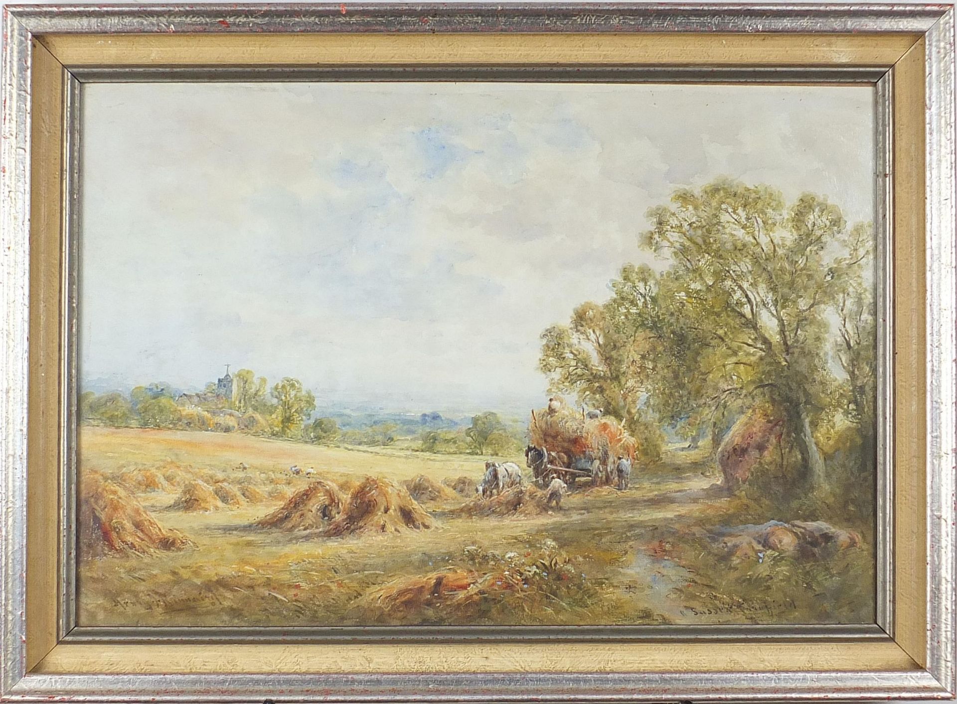 Henry John Kinnaird - Figures haymaking, Sussex cornfield, watercolour, E Stacy-Marks label verso, - Image 2 of 10