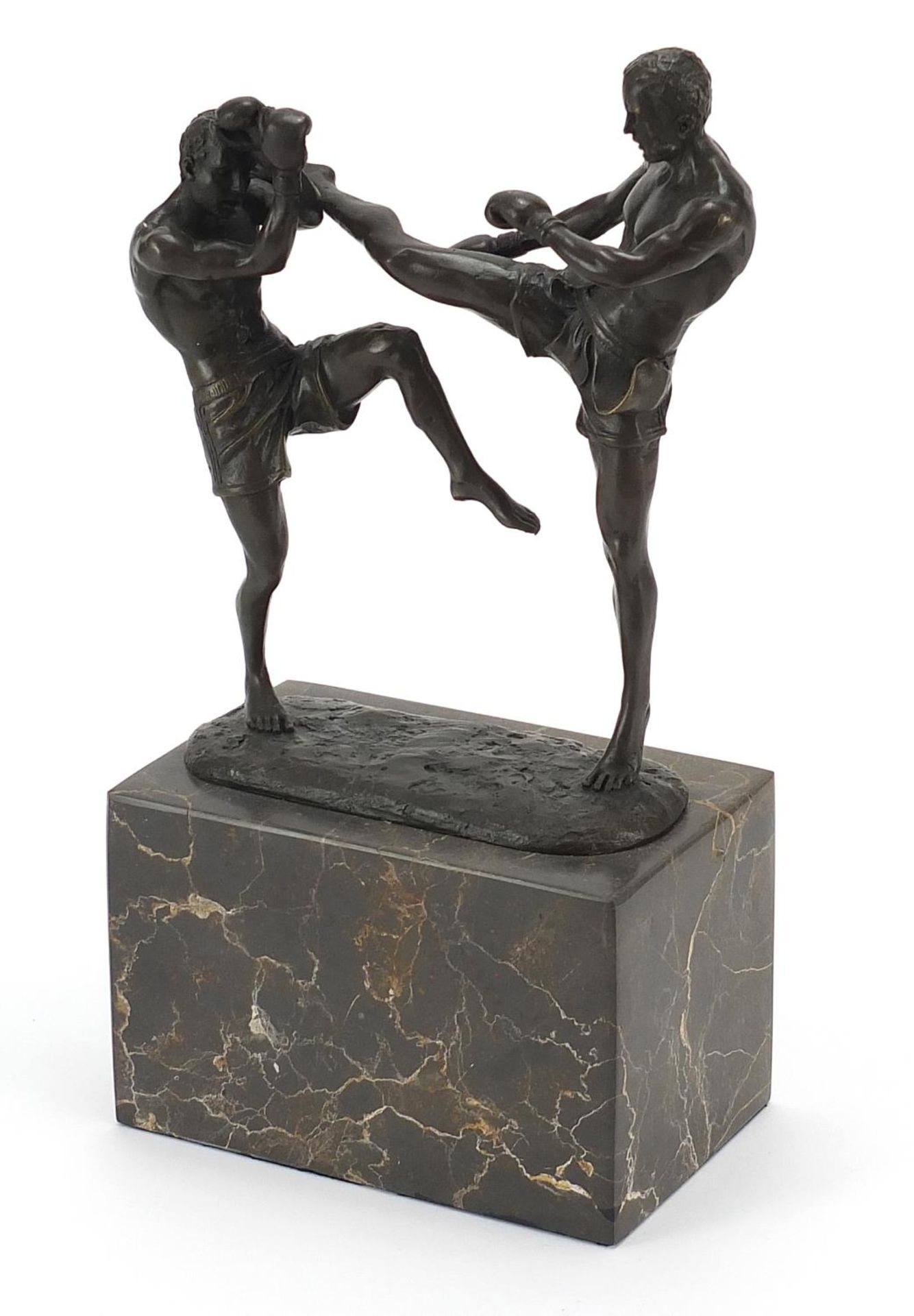 Patinated bronze study of two mixed martial artists raised on a rectangular marble base, 26cm high