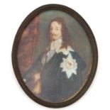 19th century oval hand painted portrait miniature of Charles I after Anthony Van Dyck, signed