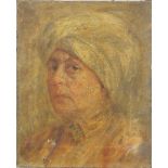 Head and shoulders portrait of a female wearing a turban, oil on canvas, unframed, 38.5cm x 31cm