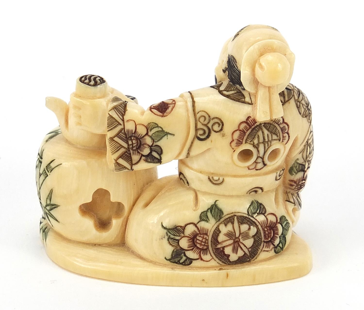 Japanese ivory netsuke of a tea seller sitting down drinking tea, character marks to the base, 4cm - Image 3 of 8