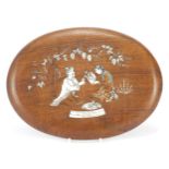 Indian rosewood plaque with ivory inlay of a man and woman drinking tea, 29cm x 21cm