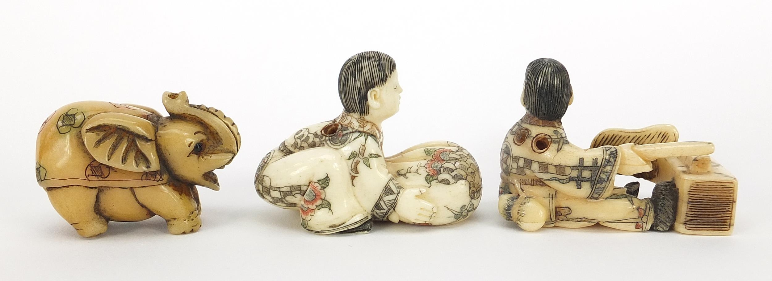 Three Japanese carved ivory netsukes including a elephant, character marks to the bases, the largest - Image 5 of 8