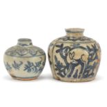 Annamese blue and white porcelain vase hand painted with animals and a similar example, the