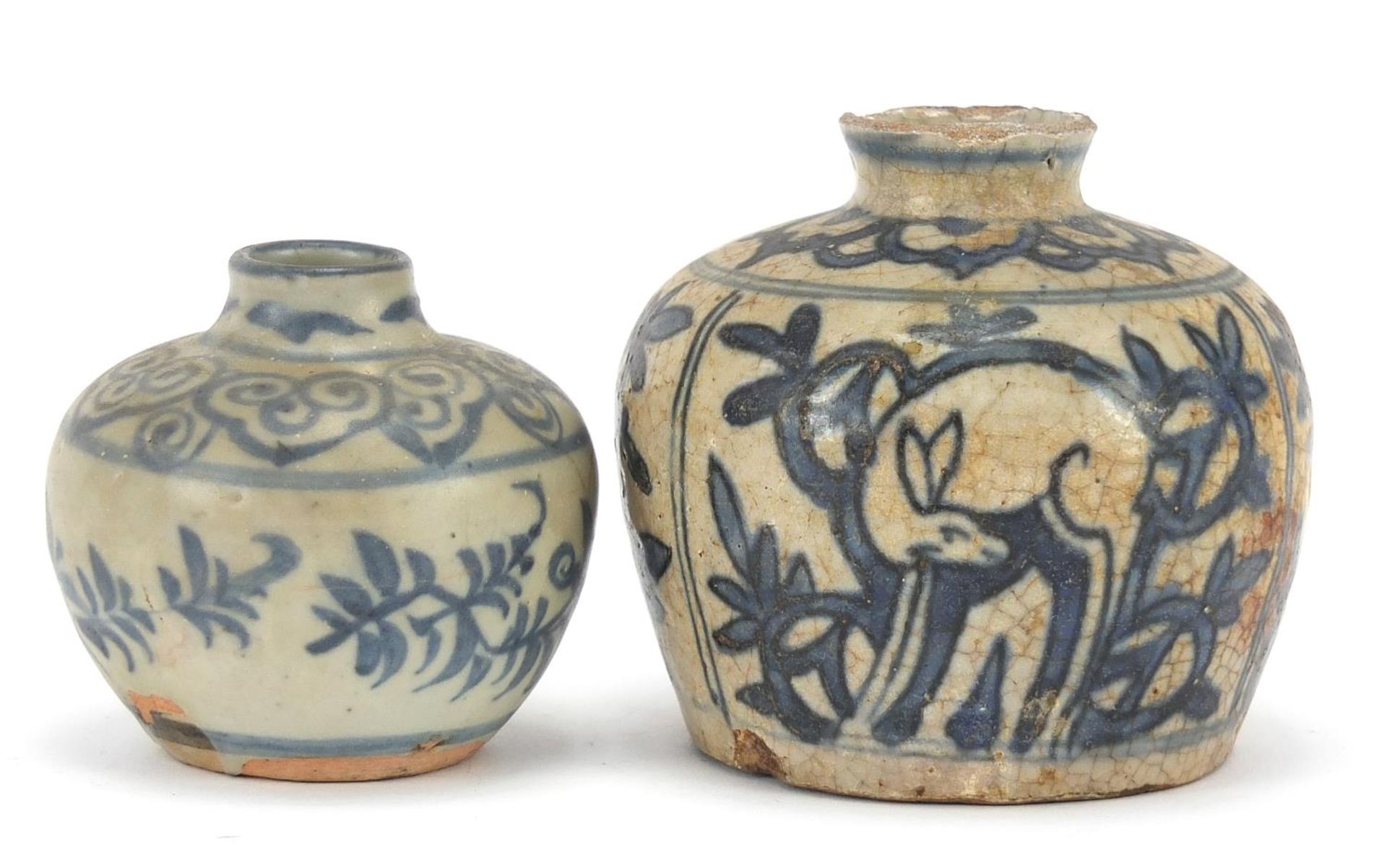 Annamese blue and white porcelain vase hand painted with animals and a similar example, the
