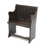 Carved oak linen fold design bench, 76cm H x 60cm W x 45cm D