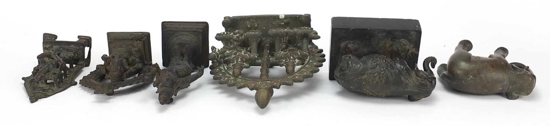 Indian bronzes including votive figures and two elephants, one raised on a rectangular black slate - Image 8 of 9