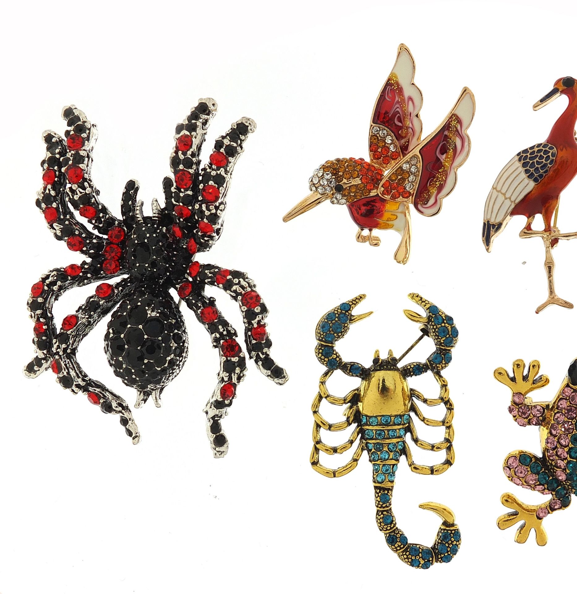 Six jewelled and enamel animal and insect brooches including hummingbird, chameleon, scorpion and - Image 2 of 4