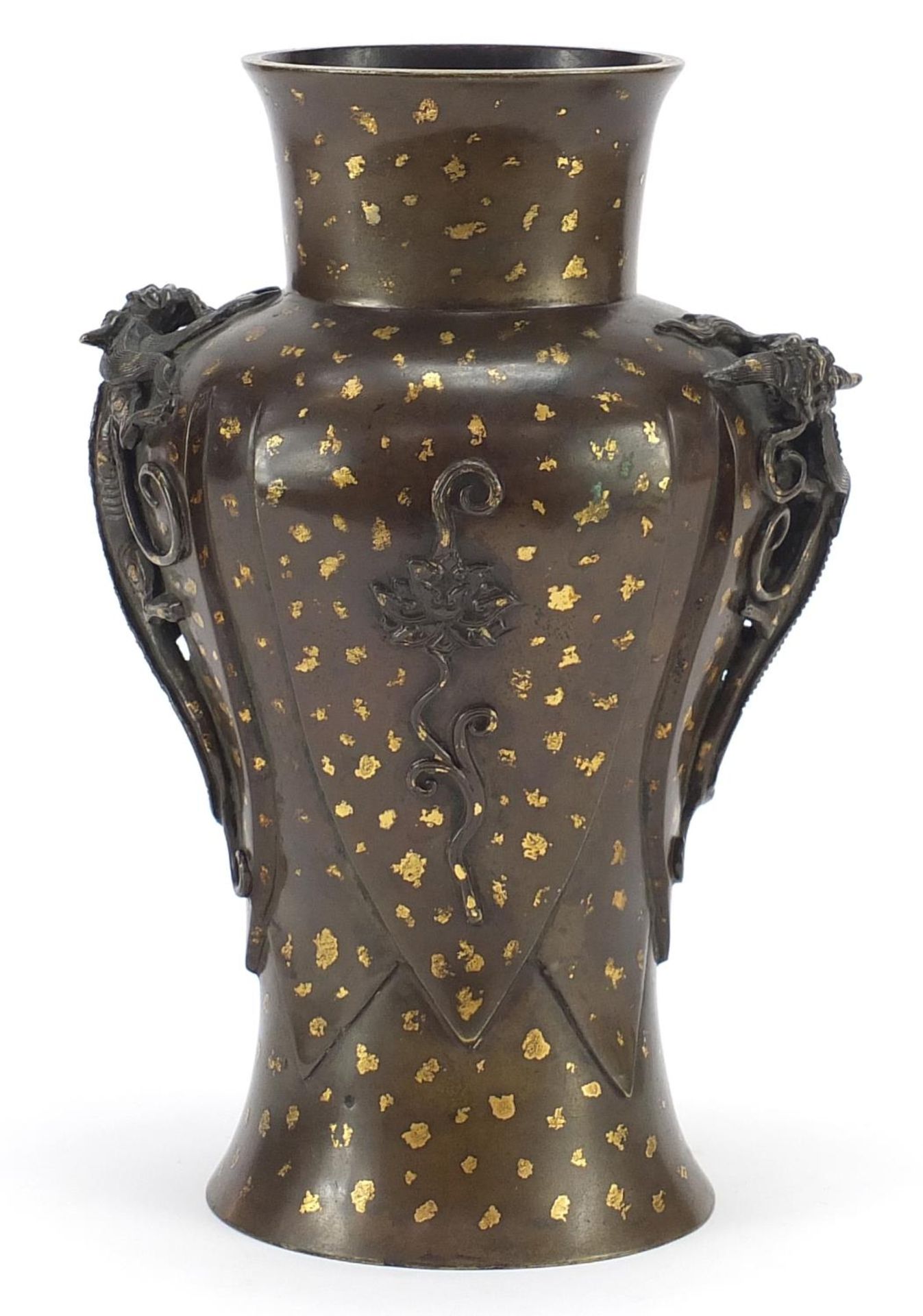 Chinese gold splashed bronze vase with dragon handles, character marks to the base, 22cm high - Image 3 of 8