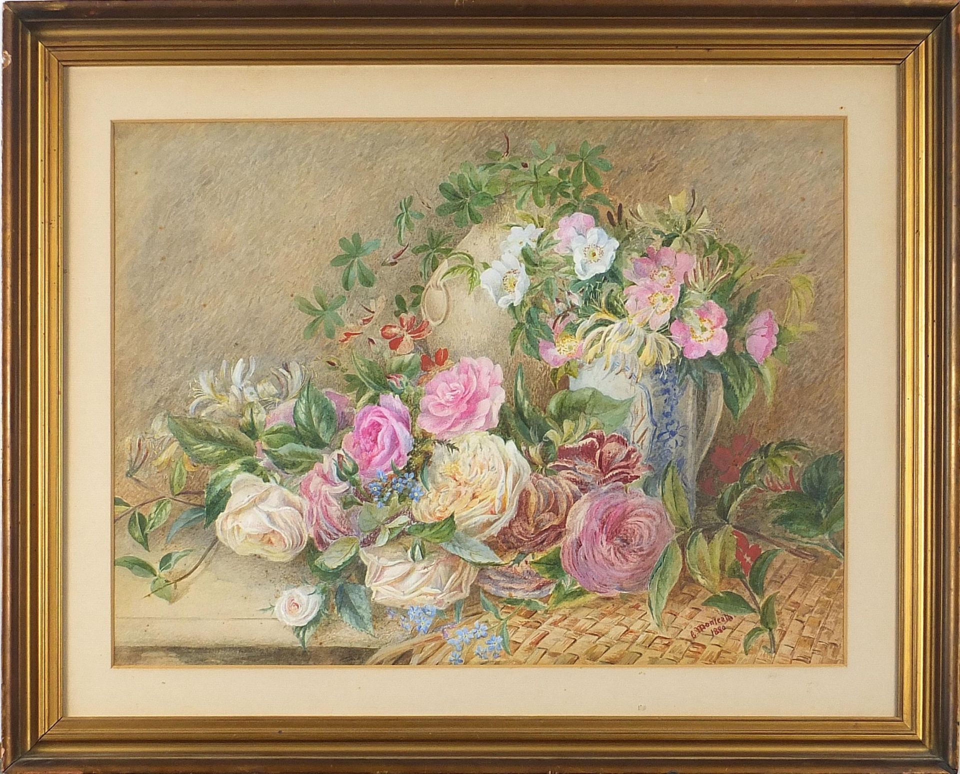 Still life flowers, late 19th century watercolour, signed C Monleath 1880, mounted, framed and - Bild 2 aus 4