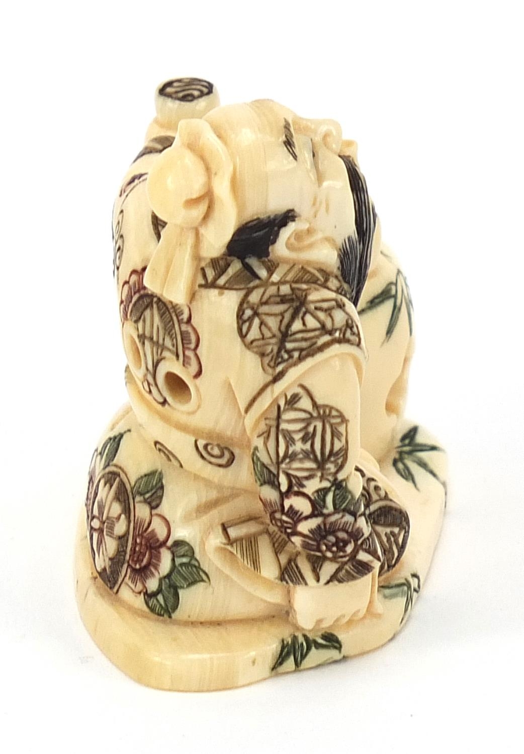 Japanese ivory netsuke of a tea seller sitting down drinking tea, character marks to the base, 4cm - Image 4 of 8