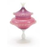 Vaseline and pink glass centerpiece and cover with frilled decoration, 30cm high