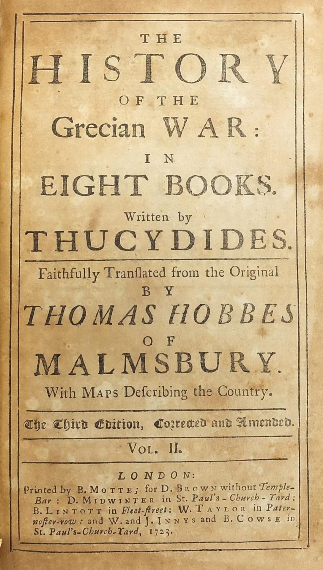 The History of the Grecian War in Eight Books written by Thucydides by Thomas Hobbes of Malmsbury, - Image 2 of 3