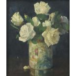Still life roses in a vase, oil on canvas, indistinctly inscribed verso, mounted and framed, 34cm