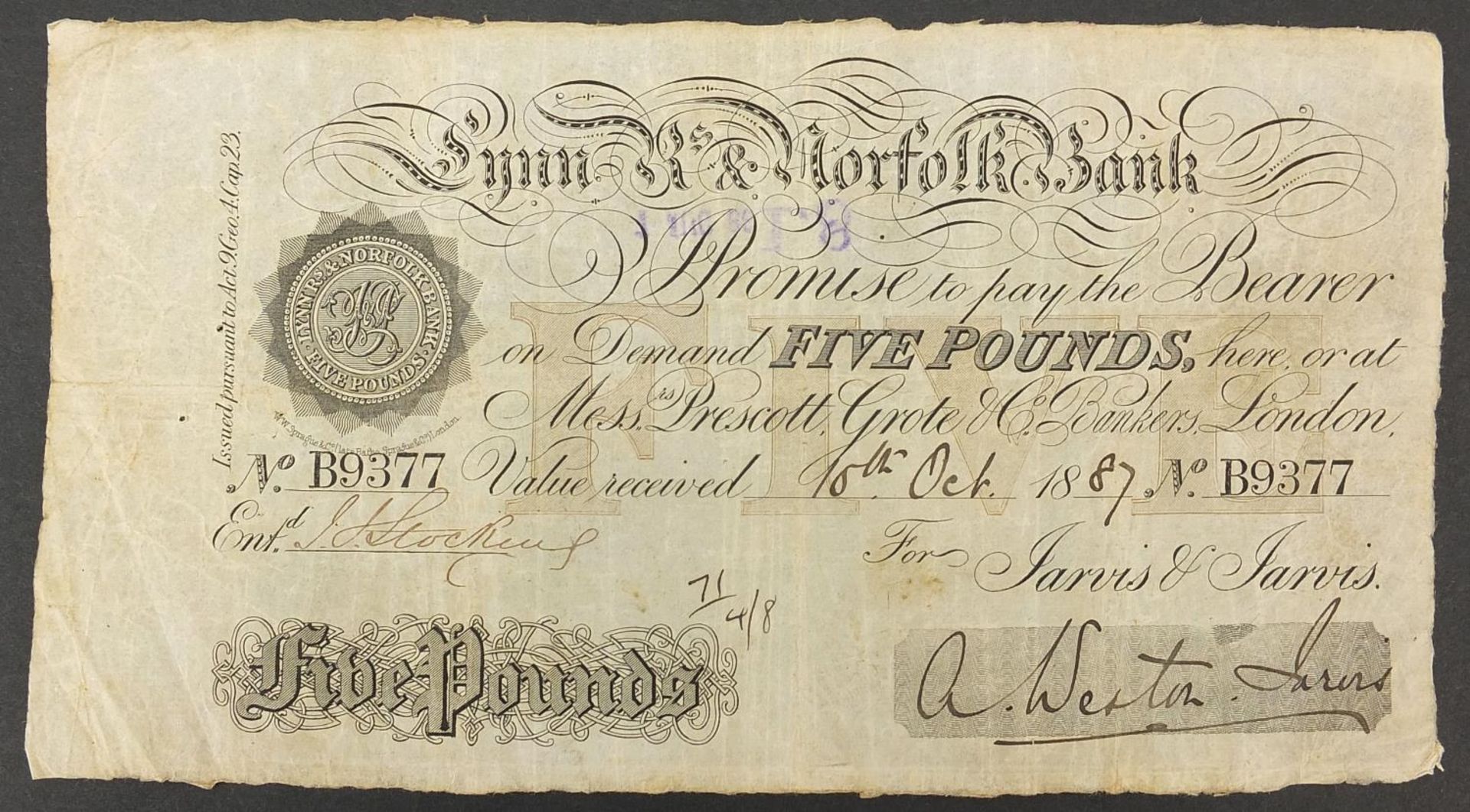 Lynn & Norfolk bank 1887 white five pound note, serial number B9377
