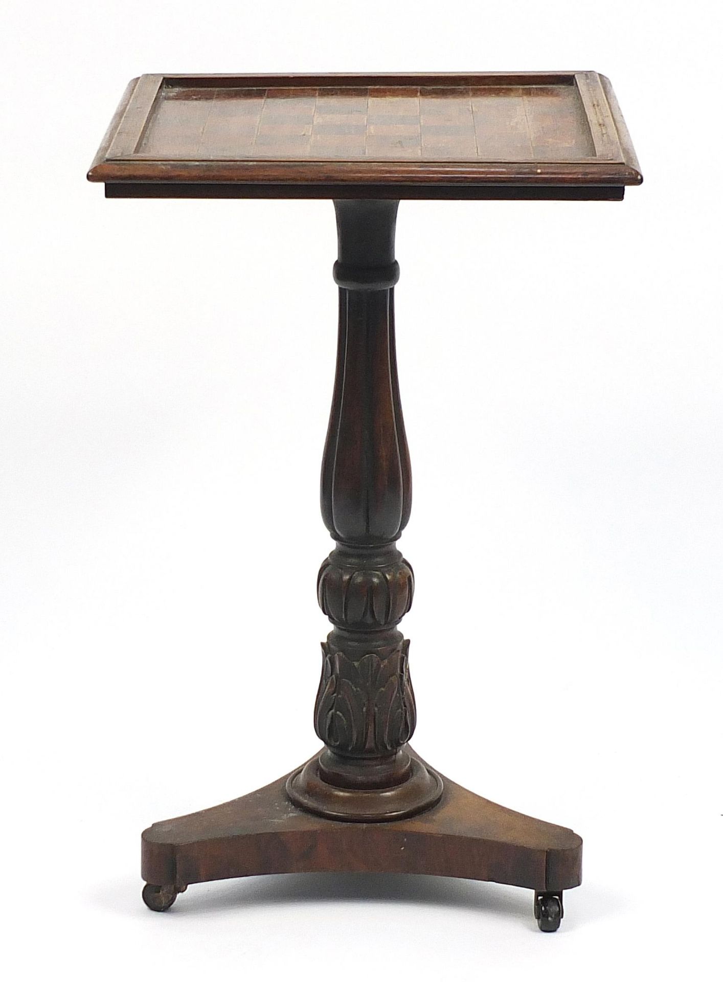 19th century rosewood chess table with carved column, 74cm H x 47cm W x 47cm D