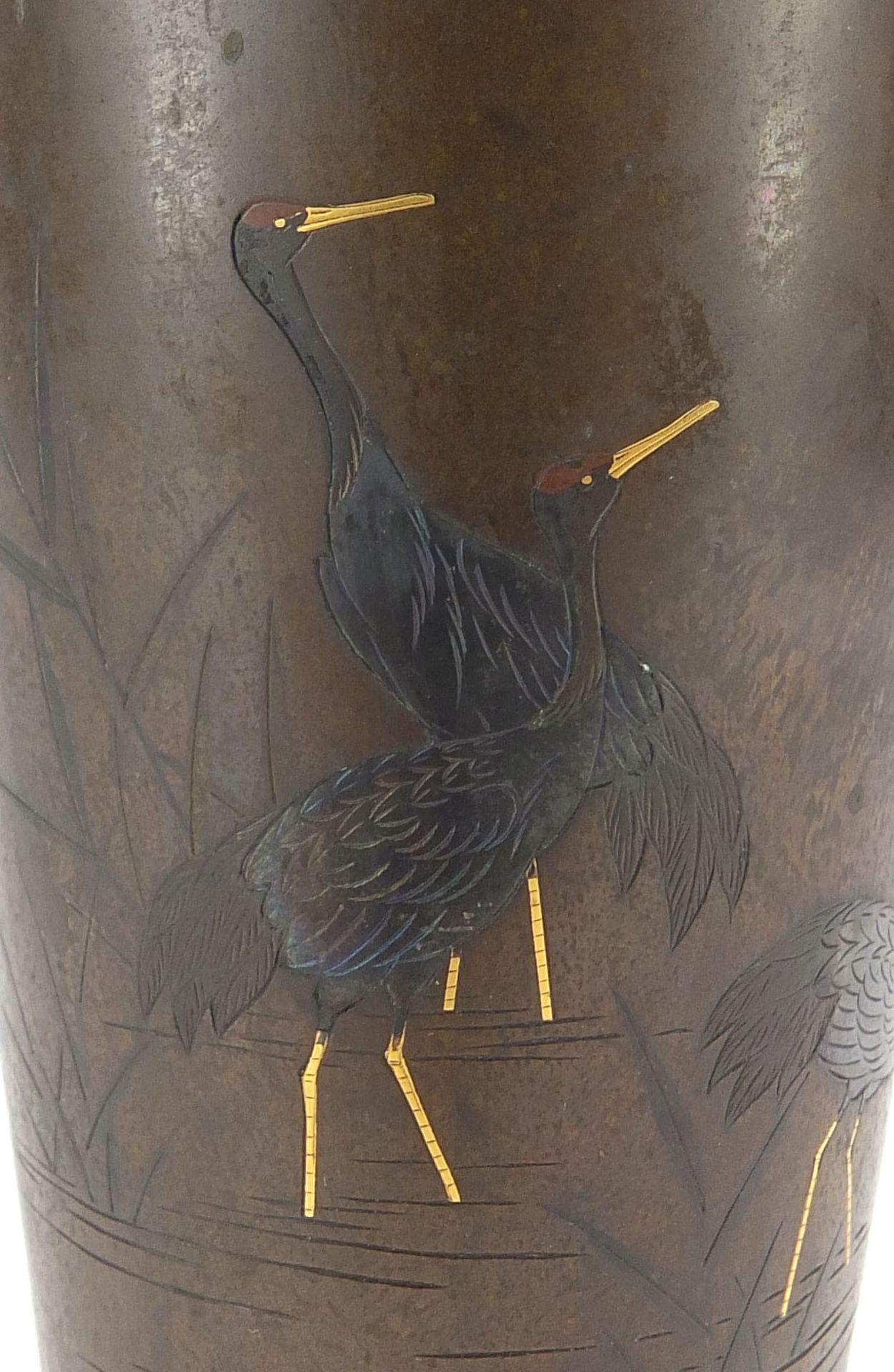 Japanese bronze with mixed metal vase engraved with cranes, character marks to the reverse and to - Image 2 of 9