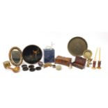 Sundry items including dogs, brass trays, cherubs and wooden box, the largest 30cm in diameter