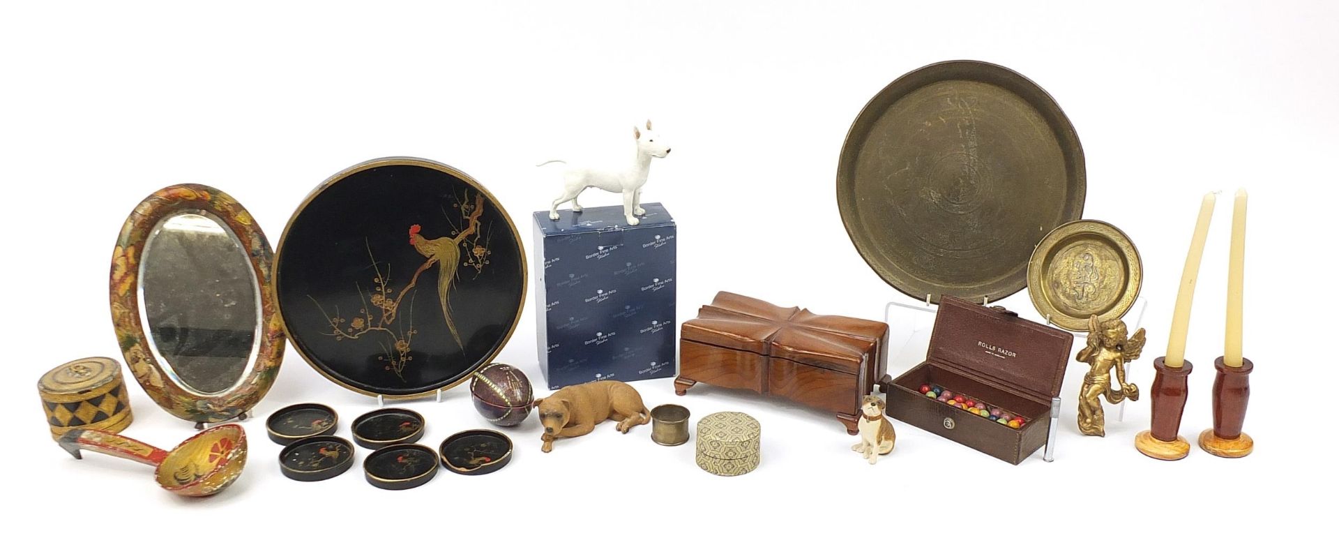 Sundry items including dogs, brass trays, cherubs and wooden box, the largest 30cm in diameter