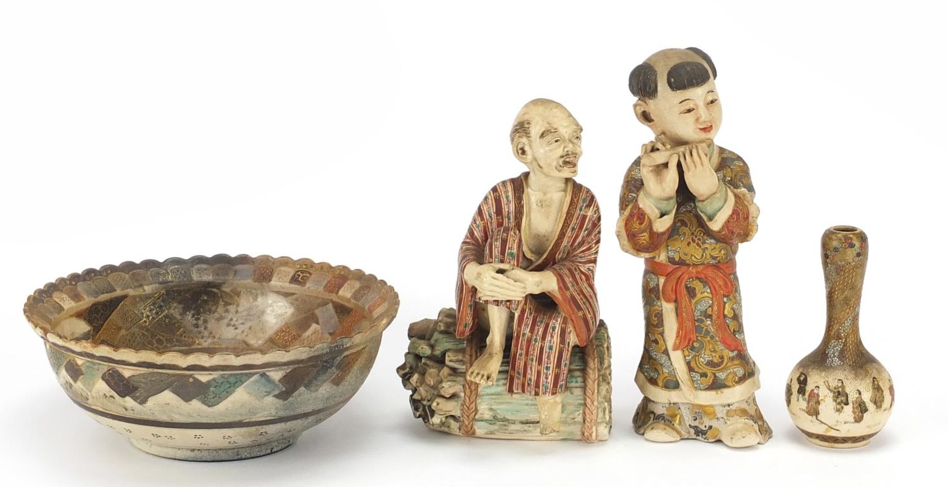 Japanese Satsuma pottery comprising two figures, bowl and garlic head vase, the largest 16.5cm high