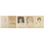 Five 20th century chalk and pencil portraits including Art Deco females, unframed, the largest