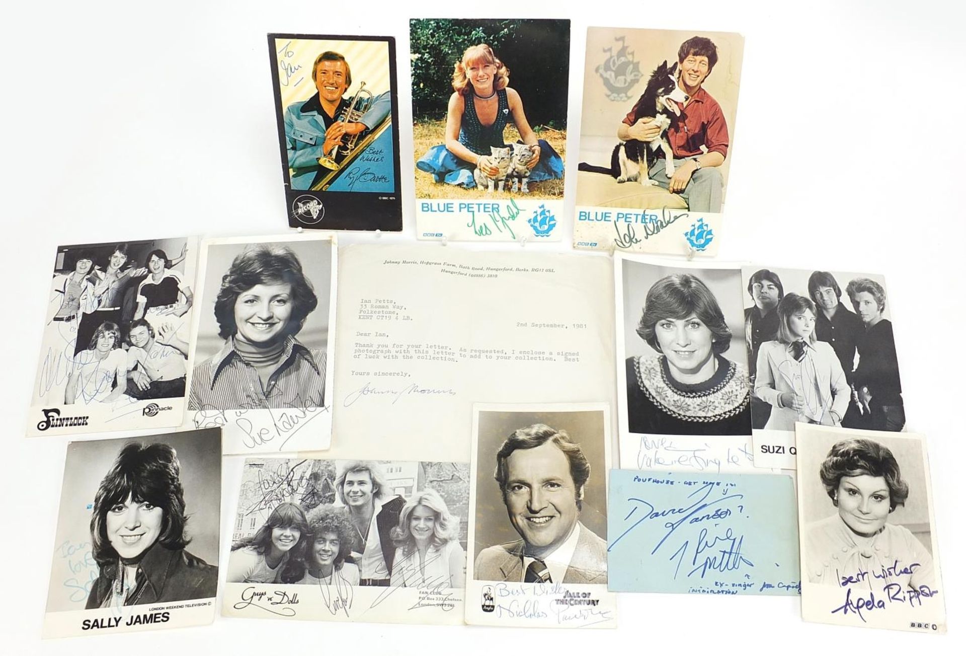 Autographs including Roy Castle, Suzi Quatro, Guys & Dolls, Sally James, Angela Ripon, Sue Lawley
