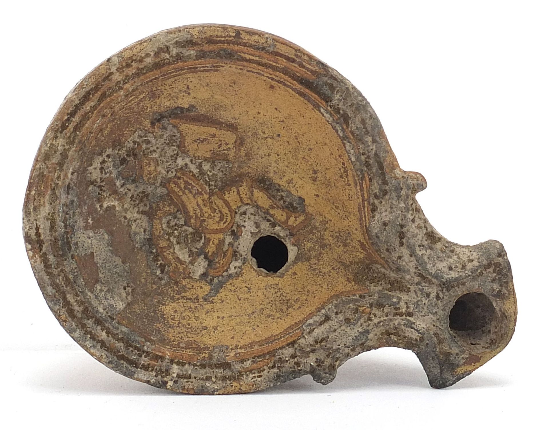 Roman terracotta oil lamp decorated in relief with a figure, 9cm in length - Image 3 of 5