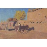 Figures and donkeys, Middle Eastern oil on board, mounted and framed, 44cm x 29cm excluding the