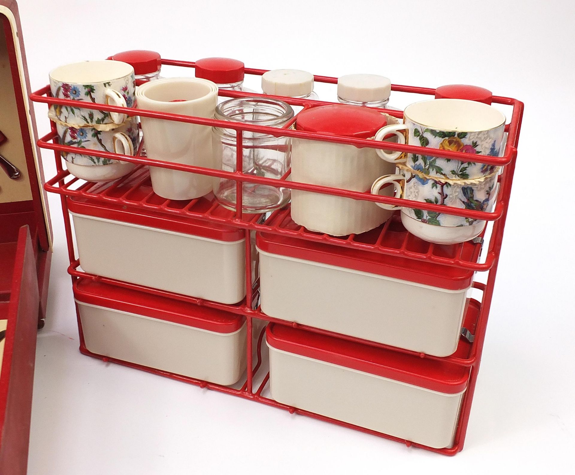 Large red Brexton picnic hamper retailed by Harrods of London, the hamper comprising Thermos flasks, - Image 4 of 8