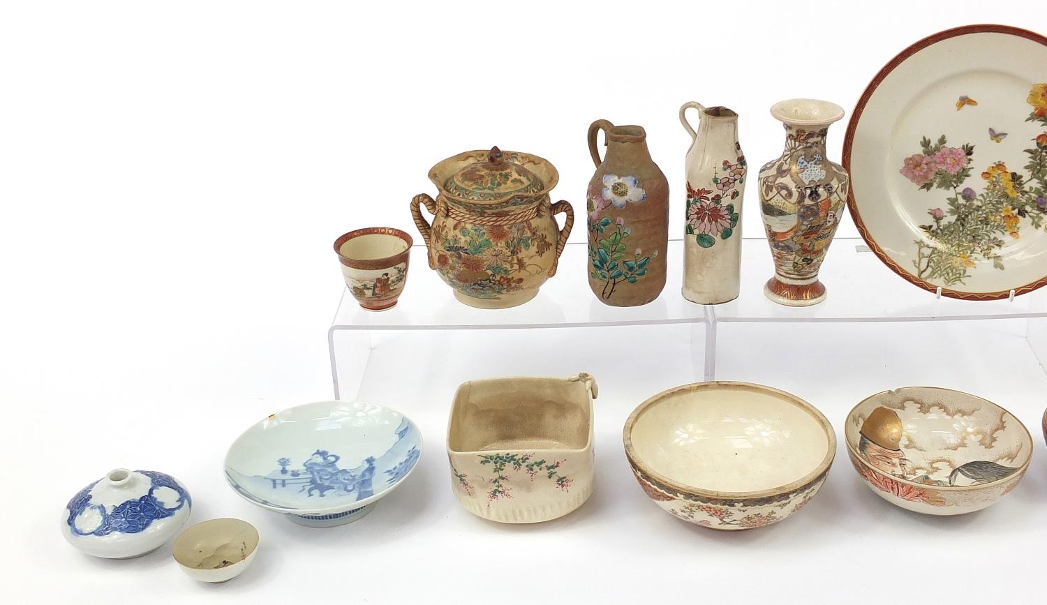 Japanese porcelain and pottery including Hirado blue and white squat vase, Satsuma vases, tea - Image 2 of 6