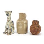 Pottery including a terracotta figural vase and Galle style faience glazed cat, the largest 12cm