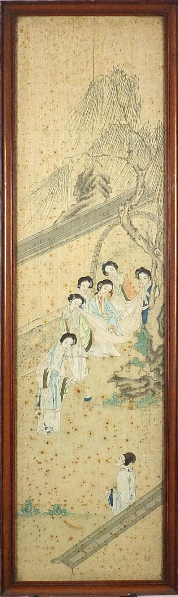 Figures in a palace setting with attendants, pair of Chinese watercolours on silk, framed and - Image 3 of 7