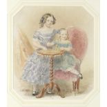 Two children playing at a table, 19th century watercolour, mounted framed and glazed, 24.5cm x 20.