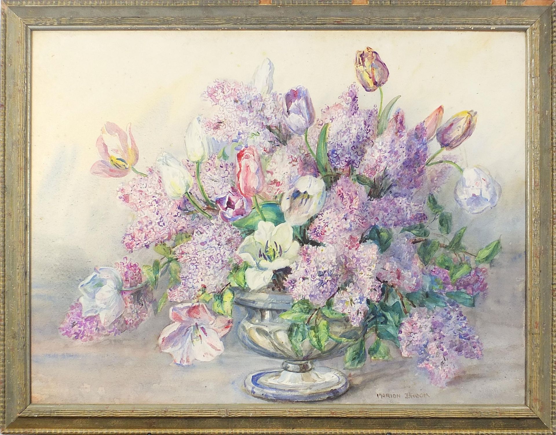 Marion L Broom - Still life flowers, 20th century watercolour, Harrods Ltd label verso, mounted, - Image 2 of 5
