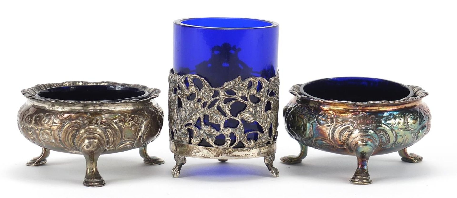 Pair of Victorian silver open salts and one other, each with blue glass liners, the largest 7.5cm - Image 2 of 5
