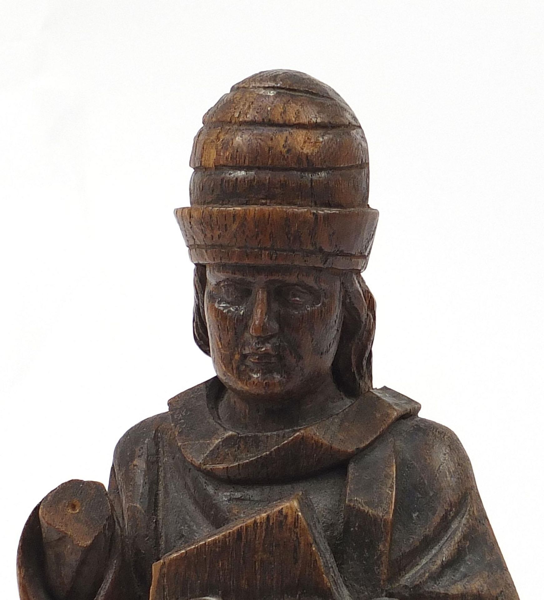 Large antique oak carving of a saint, 42.5cm high - Image 2 of 4