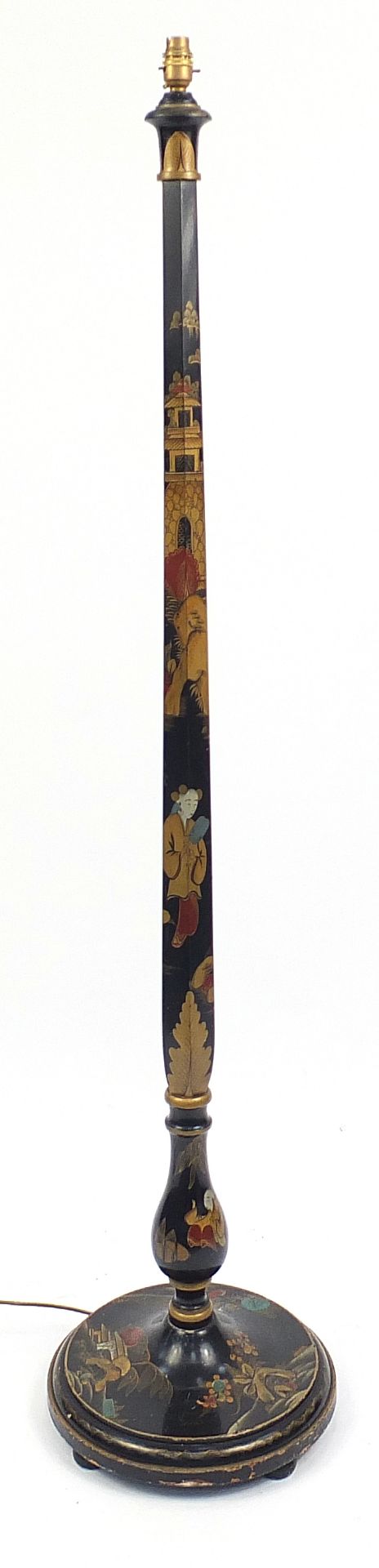 Chinese black lacquered chinoiserie standard lamp, 155cm high