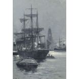 Shipping in Liverpool harbour, monochrome oil, indistinctly monogrammed possibly C J D L, framed,