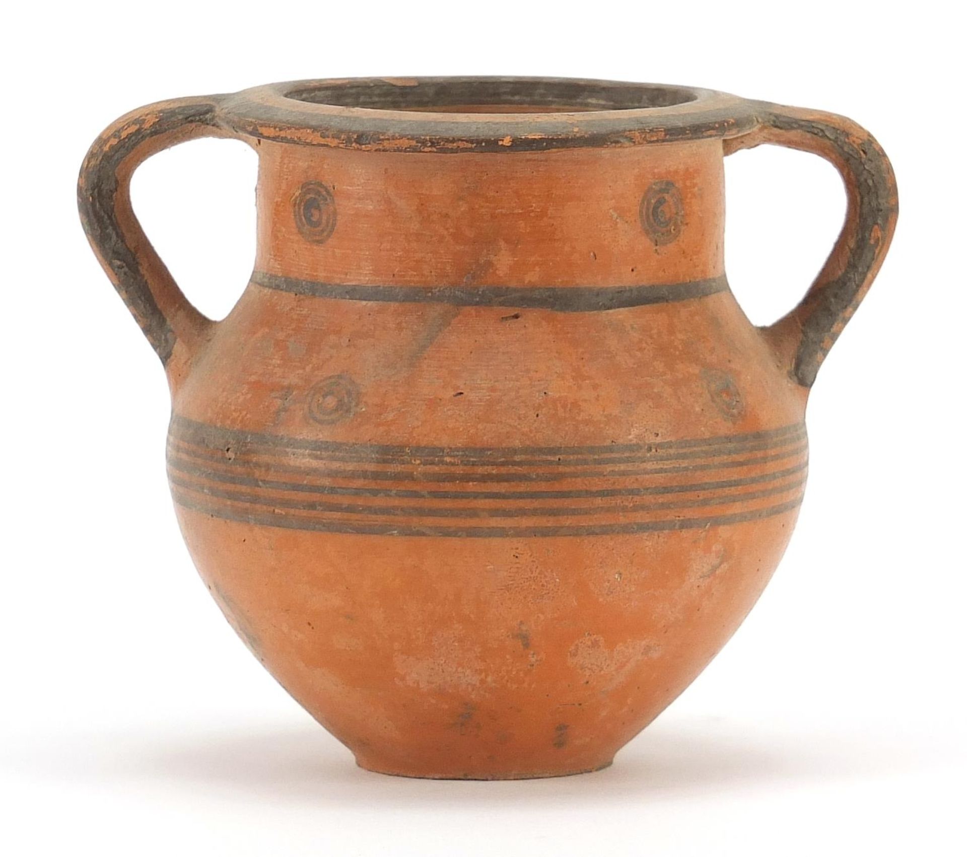 Cypriot miniature pottery krater with twin handles, 8.5cm high