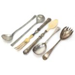 Three pairs of salad servers including Norwegian pewter by Mastad and French silver plated and ivory