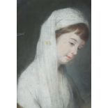 Head and shoulders portrait of a young girl wearing a white headdress, pastel, mounted, framed and