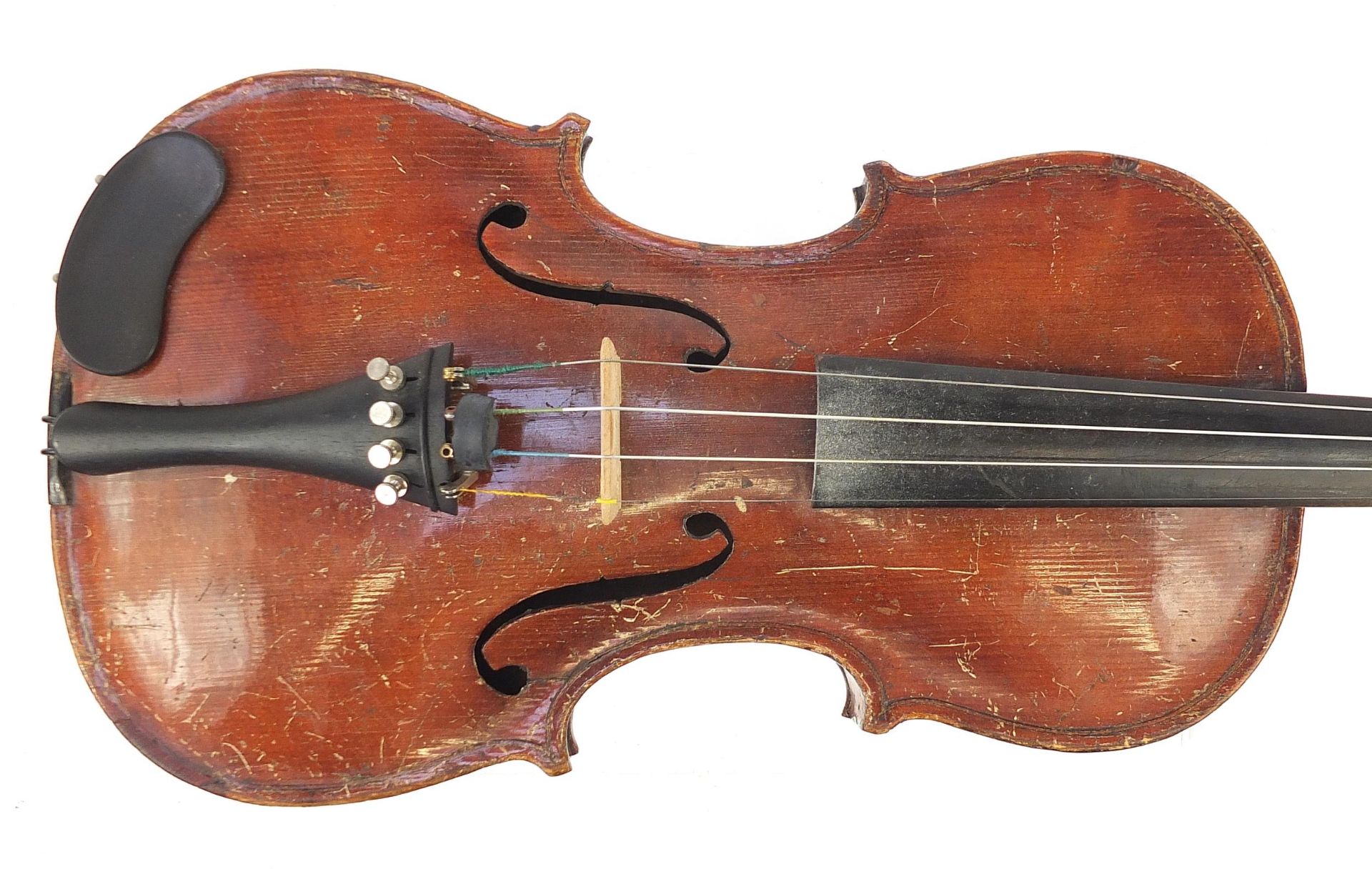 Old wooden violin with two bows and protective case, the violin back 14 inches in length, one violin - Image 2 of 11